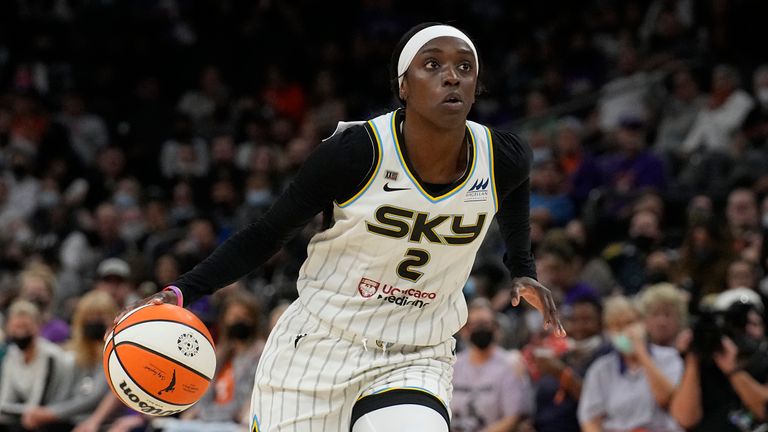 Chicago Sky forward Kahleah Copper (2) during the first half of Game 2 of basketball&#39;s WNBA Finals against the Phoenix Mercury, Wednesday, Oct. 13, 2021, in Phoenix. (AP Photo/Rick Scuteri)


