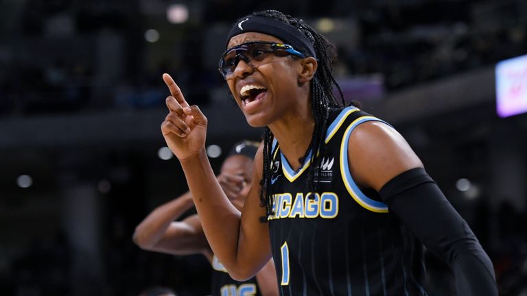 Chicago Sky&#39;s Diamond DeShields celebrates during the second half of Game 3 of the WNBA Finals against the Phoenix Mercury