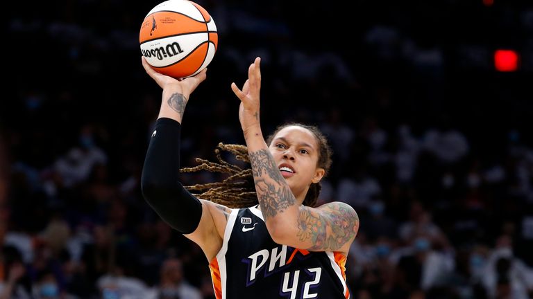 Phoenix Mercury center Brittney Griner (42) shoots against the Chicago Sky during the first half of Game 1 of the WNBA basketball Finals, Sunday, Oct. 10, 2021, in Phoenix. (AP Photo/Ralph Freso)


