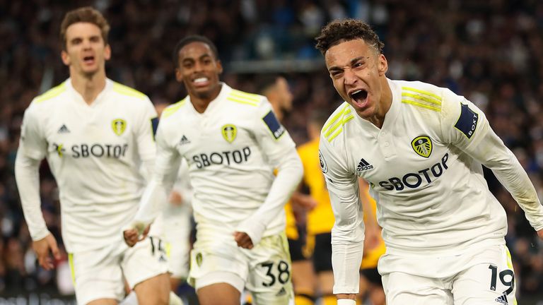 LEEDS, ENGLAND - OCTOBER 23: Rodrigo of Leeds United celebrates after scoring a goal to make it 1-1 during the Premier League match between Leeds United and Wolverhampton Wanderers at Elland Road on October 23, 2021 in Leeds, England. (Photo by James Williamson - AMA/Getty Images)