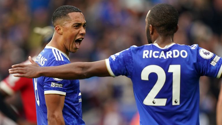 Leicester City&#39;s Youri Tielemans (left) celebrates his equaliser
