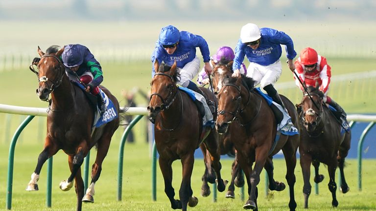 Goldspur (white cap) beats Unconquerable and stablemate Hafit to win the Zetland Stakes at Newmarket