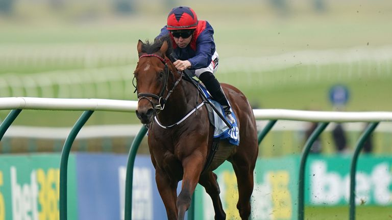 Twilight Jet and Leigh Roche coming home to win the Newmarket Academy Godolphin Beacon Project Cornwallis Stakes