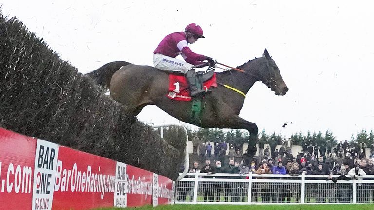 Beacon Edge ridden by Denis O'Regan jumps the last to win the Drinmore