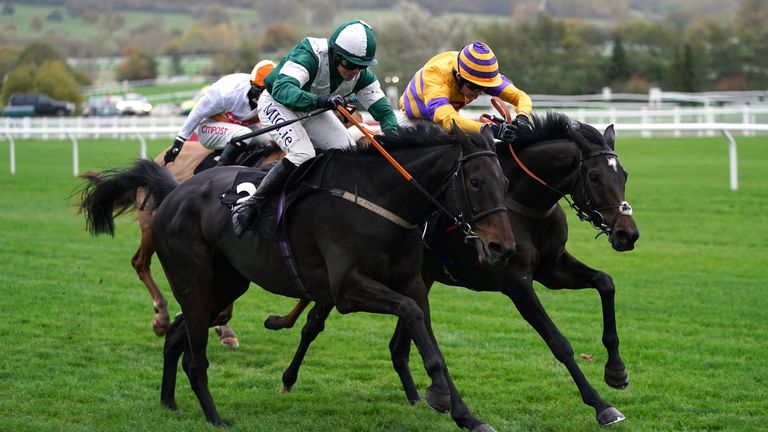 Blazing Khal ridden by Donal McInerney (left) on their way to winning the Ballymore Novices&#39; Hurdle