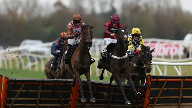 Elle Est Belle (left) ridden by jockey Thomas Bellamy on their way to winning the Ladbrokes Mares' Novices' Hurdle during Ladbrokes Trophy Day, part of the Ladbrokes Winter Carnival at Newbury Racecourse. Picture date: Saturday November 27, 2021. See PA story RACING Newbury. Photo credit should read: Steven Paston/PA Wire. RESTRICTIONS: Use subject to restrictions. Editorial use only, no commercial use without prior consent from rights holder.