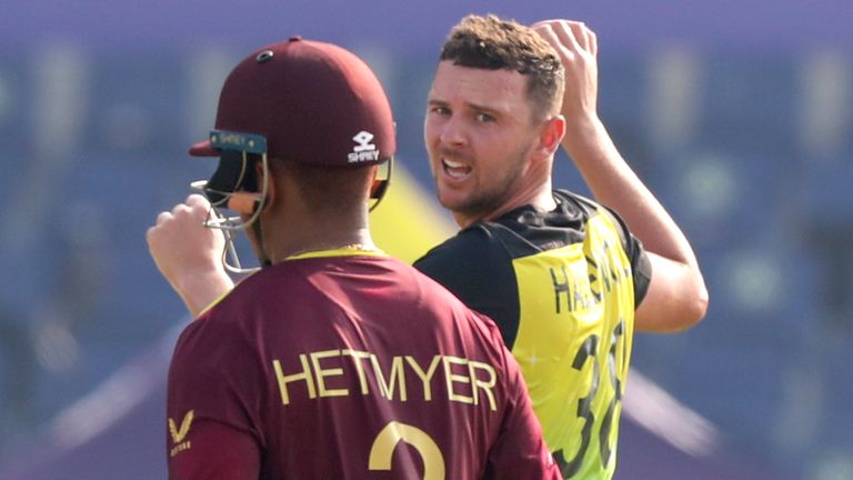 Josh Hazlewood and Shimron Hetmyer, Australia vs West Indies, T20 World Cup (Associated Press)
