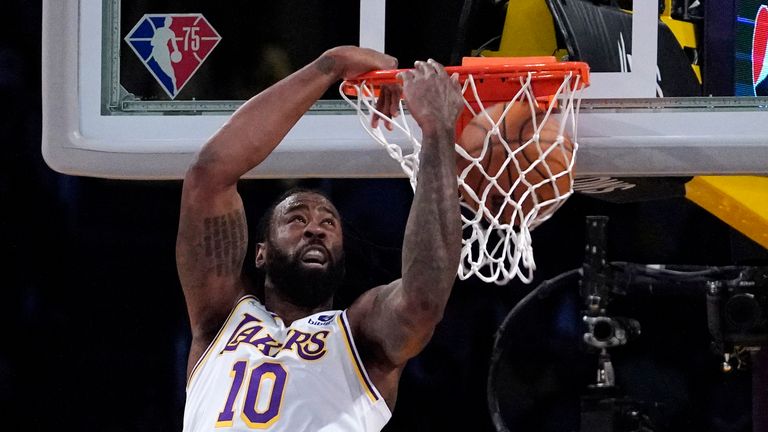 Los Angeles Lakers center DeAndre Jordan dunks during the second half of an NBA basketball game against the Houston Rockets Sunday, Oct. 31, 2021, in Los Angeles. (AP Photo/Mark J. Terrill)


