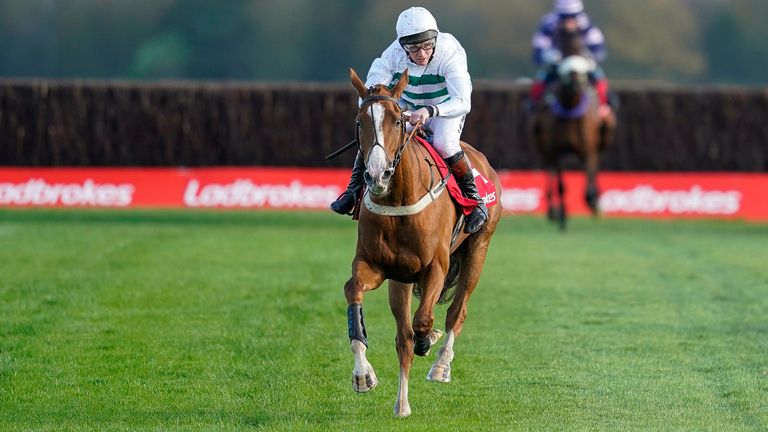 NEWBURY, ENGLAND - NOVEMBER 26: Jamie Moore riding Nassalam clear the last to win The Ladbrokes Committed To Safer Gambling Novices' Chase at Newbury Racecourse on November 26, 2021 in Newbury, England. (Photo by Alan Crowhurst/Getty Images)