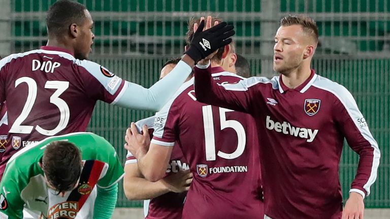 Andriy Yarmolenko celebrates scoring for West Ham against Rapid Vienna