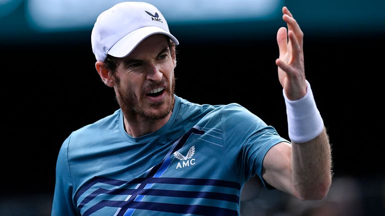 Andy Murray of Great Britain reacts during his single match against Dominik Koepfer of Germany during day one of the Rolex Paris Masters at AccorHotels Arena on November 01, 2021 in Paris, France. (Photo by Aurelien Meunier/Getty Images)