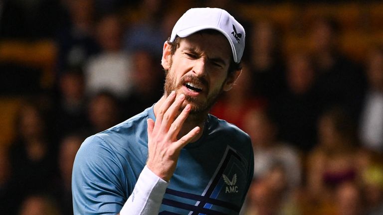 Britain's Andy Murray reacts as he plays against USA's Tommy Paul during the quarter-finals match of the ATP Stockholm Open tennis tournament in Stockholm on November 11, 2021. (Photo by Jonathan NACKSTRAND / AFP) (Photo by JONATHAN NACKSTRAND/AFP via Getty Images)