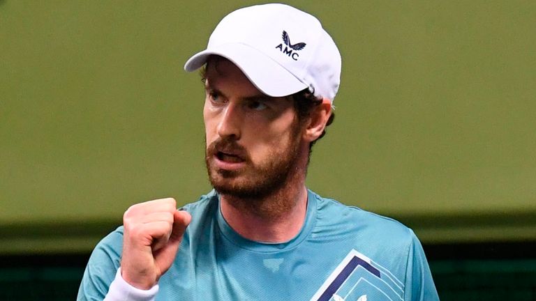 Britain's Andy Murray celebrates a point during a singles quarterfinal match against Tommy Paul of Canada at the Stockholm Open at the Royal Tennis Hall in Stockholm, Thursday Nov. 11, 2021. (Fredrik Sandberg/TT via AP)