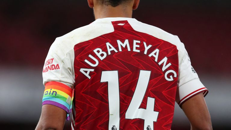 LONDON, ENGLAND - DECEMBER 13: The back of Pierre-Emerick Aubameyang of Arsenal wearing a rainbow captains armband in support of the Stonewall rainbow laces campaign during the Premier League match between Arsenal and Burnley at Emirates Stadium on December 13, 2020 in London, England.  (Photo by Catherine Ivill/Getty Images )