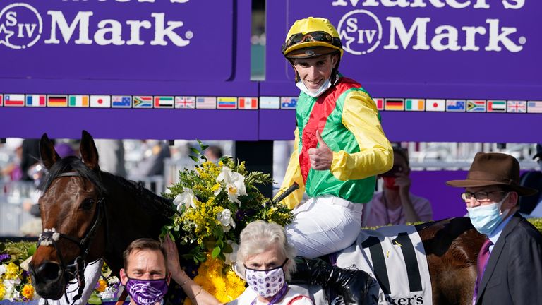Jockey Pierre-Charles Boudot gives the thumbs up after Audarya's victory at the 2020 Breeders' Cup