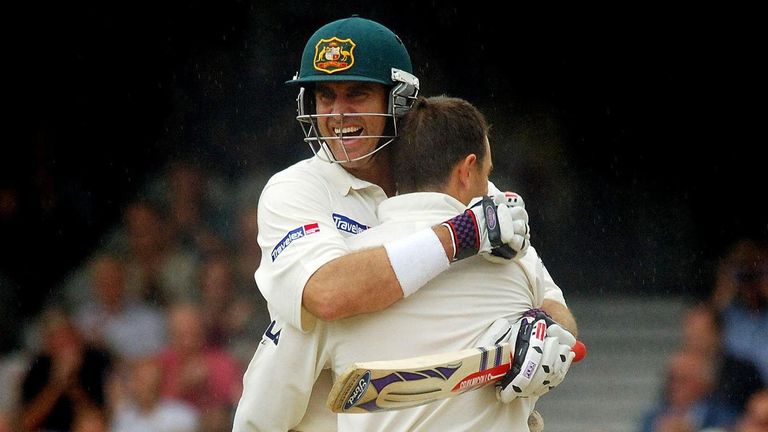 Australia's Justin Langer embraces Matthew Hayden