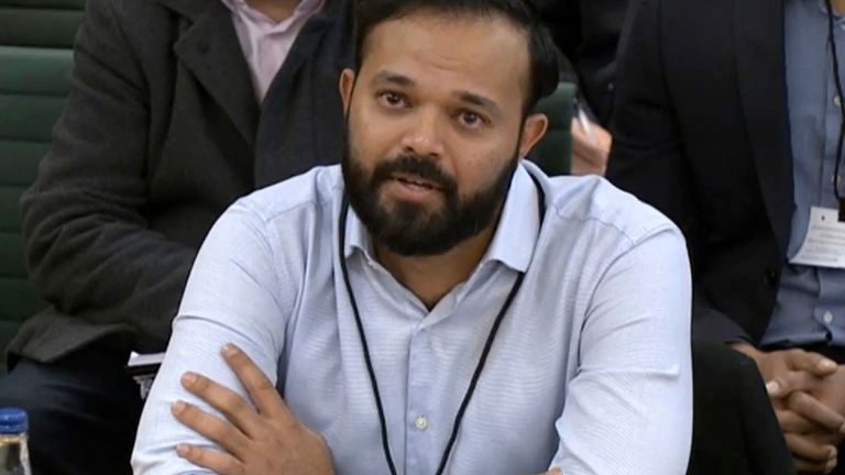 Azeem Rafiq gives evidence during a DCMS select committee hearing on the racism he suffered while at Yorkshire CCC (AP)