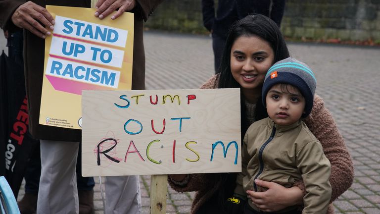 People take part in a protest outside Yorkshire County Cricket Club&#39;s Headingley Stadium in Leeds