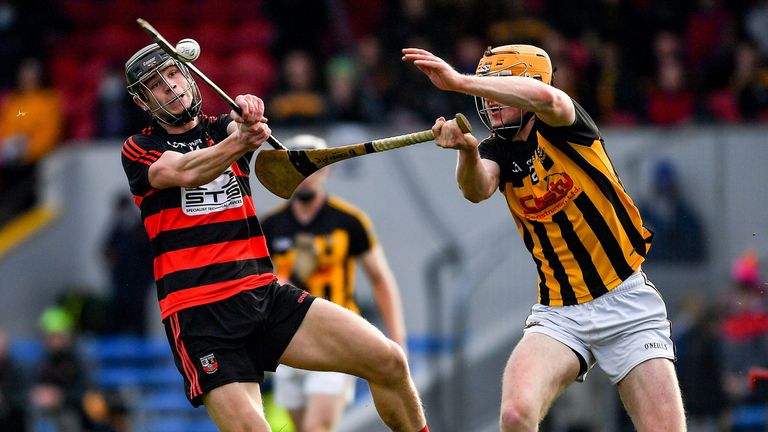 28 November 2021; Kevin Mahony of Ballygunner in action against Peter Casey of Ballyea during the AIB Munster Club Senior Hurling Championship Quarter-Final match between Ballyea and Ballygunner at Cusack Park in Ennis, Clare. Photo by Ray McManus/Sportsfile