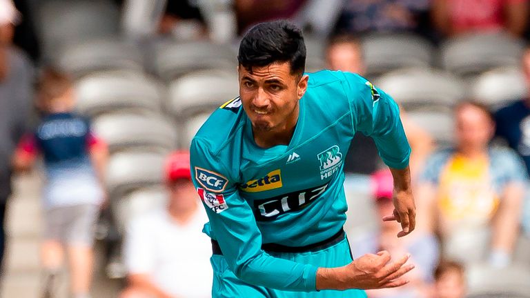 MELBOURNE, AUSTRALIA - JANUARY 27: Mujeeb Ur Rahman of Brisbane Heat bowls during the Big Bash League cricket match between Melbourne Renegades and Brisbane Heat at Marvel Stadium on January 27, 2020 in Melbourne, Australia.