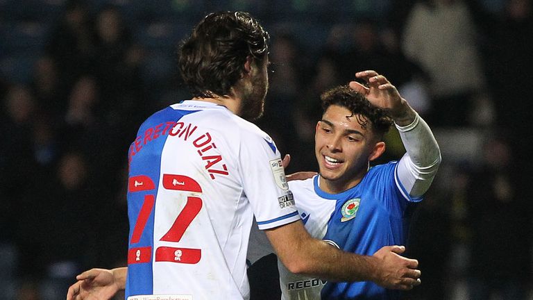 BLACKBURN, ENGLAND - NOVEMBER 24: Blackburn Rovers' Ben Brereton Diaz celebrates scoring his side's second goal  with Blackburn Rovers' Tyrhys Dolan during the Sky Bet Championship match between Blackburn Rovers and Peterborough United at Ewood Park on November 24, 2021 in Blackburn, England. (Photo by Mick Walker - CameraSport via Getty Images)                                                                                                                 