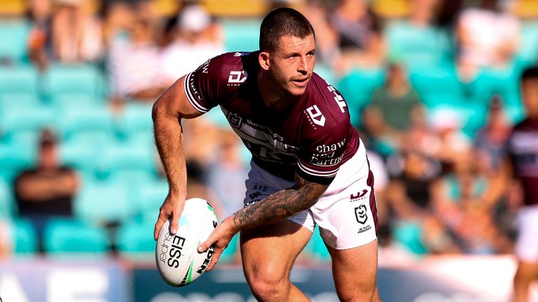 SYDNEY, AUSTRALIA - FEBRUARY 28: Cade Cust of the Sea Eagles runs the ball during the NRL Trial Match between the West Tigers and Manly Sea Eagles at Leichhardt Oval on February 28, 2021 in Sydney, Australia. (Photo by Speed Media/Icon Sportswire) (Icon Sportswire via AP Images)