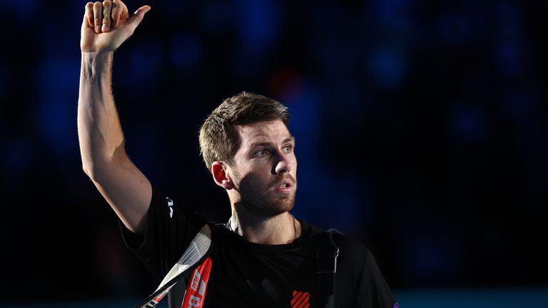 Cameron Norrie of Great Britain waves to the crowd after defeat in his mens singles Round Robin match against Casper Ruud of Norway during Day Four of the Nitto ATP Finals at Pala Alpitour on November 17, 2021 in Turin, . (Photo by Julian Finney/Getty Images)