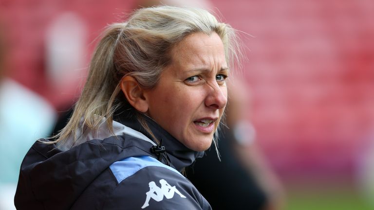 Aston Villa�s manager Carla Ward during the FA Women&#39;s Super League match at the Bank&#39;s Stadium, Walsall. Picture date: Saturday September 4, 2021.
