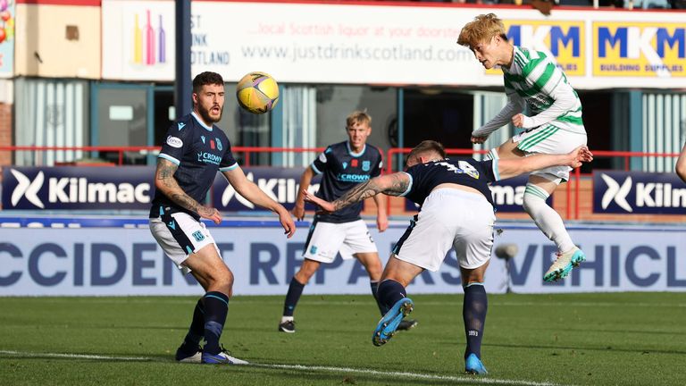 DUNDEE, SCOTLAND - NOVEMBER 07: Celtic's Kyogo Furuhashi makes it 2-0 during the cinch Premiership match between Dundee and Celtic at the Kilmac Stadium at Dens Park, on November 07, 2021, in Dundee, Scotland. (Photo by Alan Harvey / SNS Group)