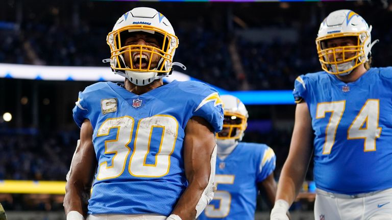 Los Angeles Chargers running back Austin Ekeler (30) reacts with teammates after scoring a touchdown during the second half of an NFL football game against the Pittsburgh Steelers, Sunday, Nov. 21, 2021, in Inglewood, Calif.