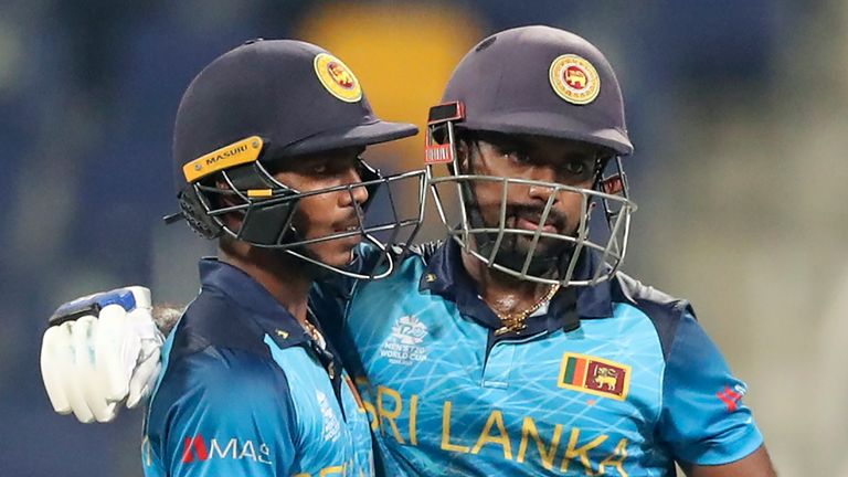 Sri Lanka batters Pathum Nissanka (L) and Charith Asalanka shared a partnership of 91 against West Indies at the T20 World Cup (Associated Press)