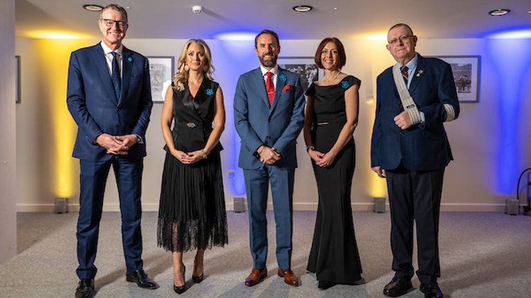 (L-R) Chair of Surrey County Cricket and Sport United Against Dementia, Richard Thompson; Sky Sports News anchor Hayley McQueen; England men’s Manager Gareth Southgate; Alzheimer’s Society Chief Executive Kate Lee; Pete Middleton, Alzheimer’s Society supporter and speaker living with dementia