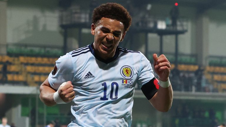 Scotland's Che Adams celebrates scoring to make it 2-0 against Moldova