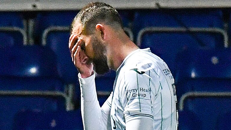Christian Doidge walks off after being shown a red card against Ross County