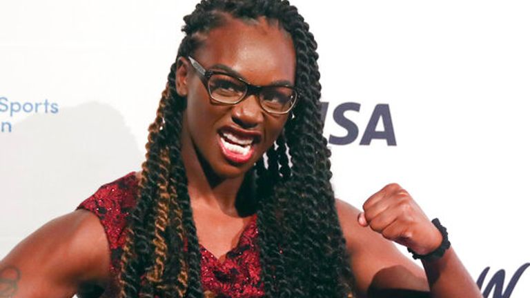 **HOLD FOR STORY **...In this Wednesday, Oct. 16, 2019, photo boxer poses Claressa Shields for photos on the red carpet of the Women's Sports Foundation...s 40th Annual Salute to Women in Sports in New York.  (AP Photo/Mary Altaffer)