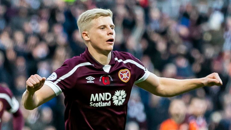 EDINBURGH, SCOTLAND - NOVERMBER 06: Alex Cochrane celebrates after scoring to make it 2-0 during the Cinch Premiership match between Hearts and Dundee Utd at Tynecastle Park, on November 06, 2021, in Edinburgh, Scotland. (Photo by Roddy Scott / SNS Group)