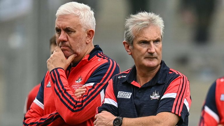 22 August 2021; A dejected Cork manager Kieran Kingston, second from left, after the GAA Hurling All-Ireland Senior Championship Final match between Cork and Limerick in Croke Park, Dublin. Photo by Harry Murphy/Sportsfile