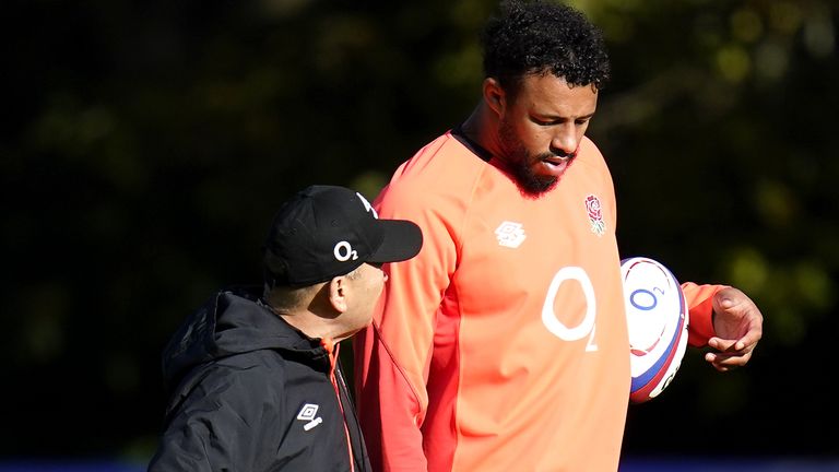 England head coach Eddie Jones (left) and Courtney Lawes during the training session at Pennyhill Park, Bagshot. Picture date: Tuesday November 2, 2021.