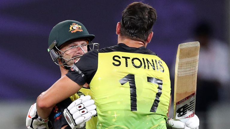 Australia&#39;s Matthew Wade (L) and Marcus Stoinis celebrate after their unbroken stand of 81 clinched victory in the T20 World Cup semi-final against Pakistan (Associated Press)