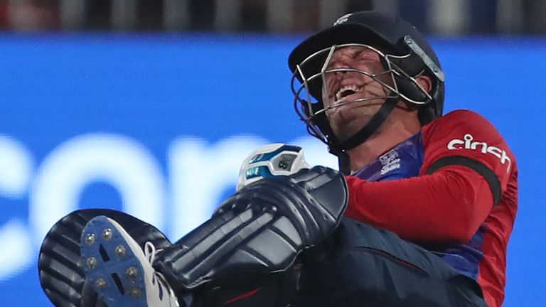 England's Jason Roy crumples in pain after pulling up while batting against South Africa in the T20 World Cup (Associated Press)