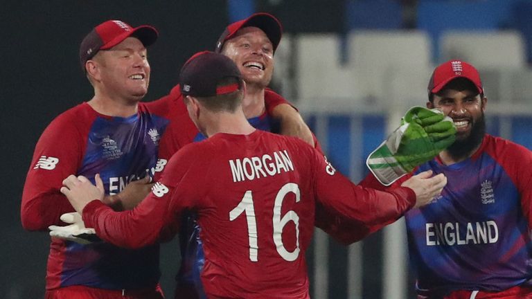 England celebrate after Jos Buttler ran out Sri Lanka captain Dasun Shanaka with a direct hit at the T20 World Cup (Associated Press)