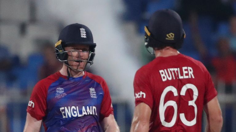 Eoin Morgan (L) and Jos Buttler shared a partnership of 112 as England overcame Sri Lanka in Sharjah (Associated Press)