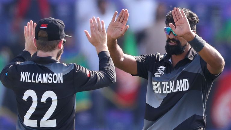 Ish Sodhi (R) celebrates a wicket at the T20 World Cup with New Zealand captain Kane Williamson (Associated Press)