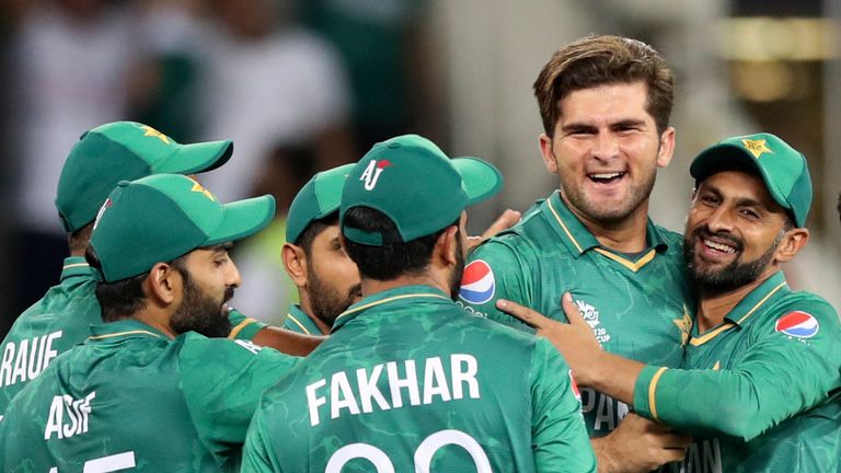 Pakistan celebrate the wicket of Australia's Aaron Finch in the T20 World Cup semi-final (Associated Press)