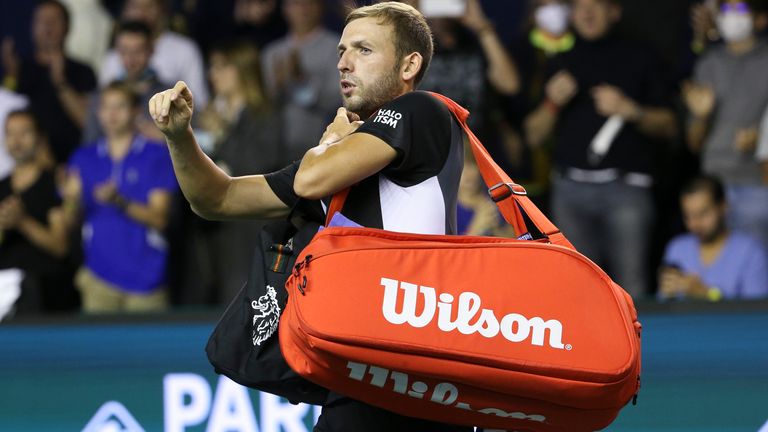 Dan Evans of Great Britain during day 1 of the Rolex Paris Masters 2021, an ATP Masters 1000 tennis tournament at Accor Arena on November 1, 2021 in Paris, France. (Photo by Jean Catuffe/Getty Images)