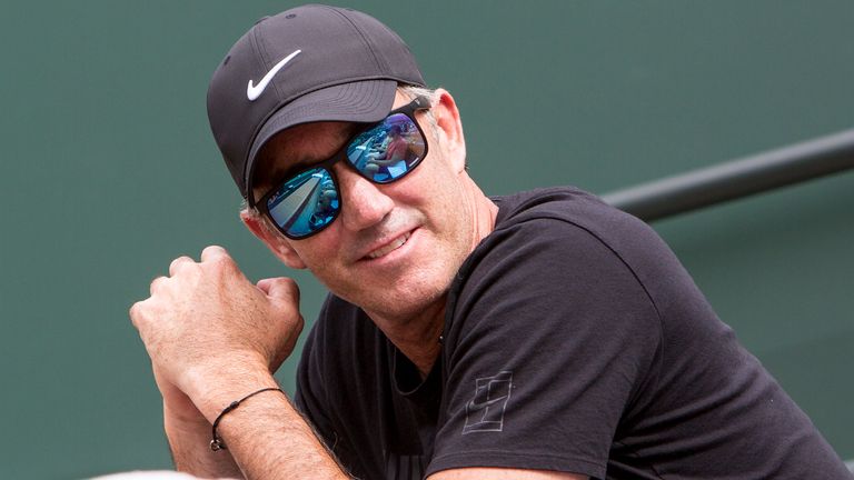 Coach Darren Cahill watches Simona Halep (ROU) defeat Qiang Wang (CHN) 7-5, 6-1 at the BNP Paribas Open played at the Indian Wells Tennis Garden in Indian Wells, California. (Cal Sport Media via AP Images)