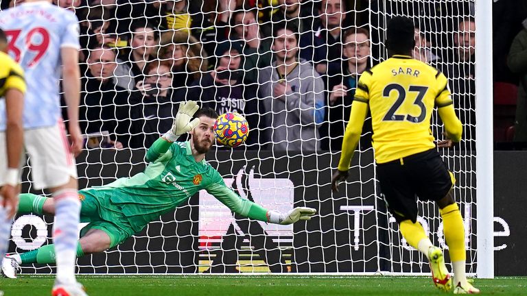 David de Gea makes a save from Watford&#39;s Ismaila Sarr retaken penalty