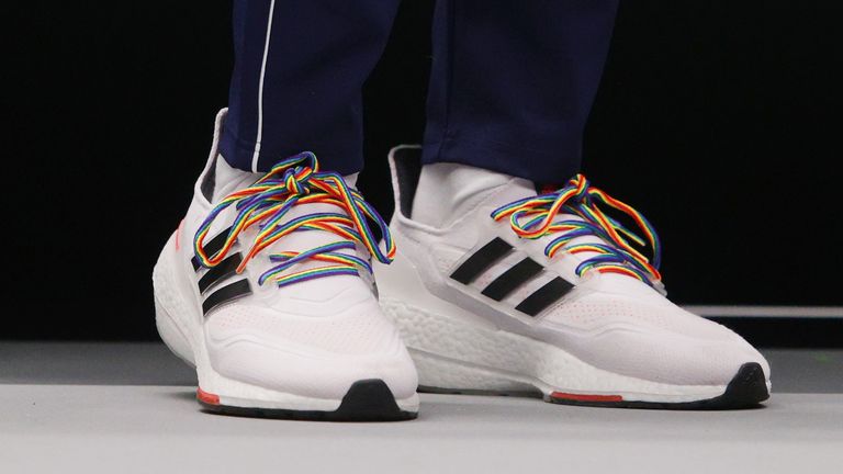 INNSBRUCK, AUSTRIA - NOVEMBER 27: A detailed view of rainbow laces in support of the Stonewall campaign on the shoes of Leon Smith, Captain of Great Britain during the Davis Cup match between Adrian Mannarino of France and Daniel Evans of Great Britain at OlympiaWorld on November 27, 2021 in Innsbruck, Austria. (Photo by Adam Pretty/Getty Images)