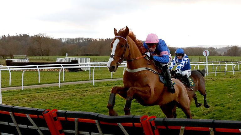 Dingo Dollar ridden by Wayne Hutchinson clears the last fence to win the Le Chalice Maiden Hurdle Race, at Bangor Racecourse
