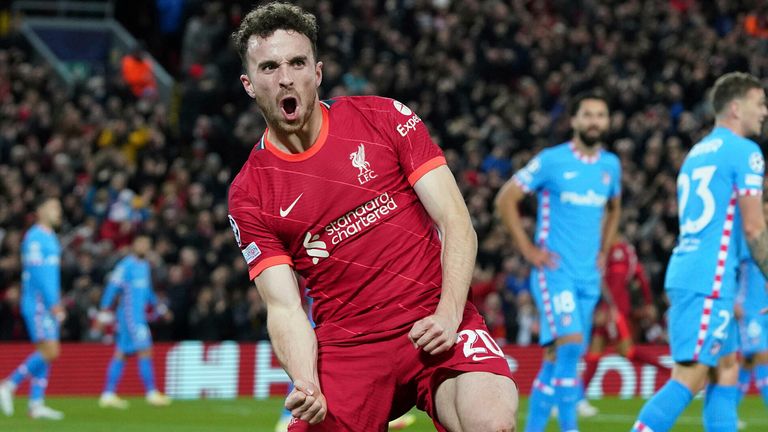 Diogo Jota celebrates after putting Liverpool 1-0 up against Atletico Madrid at Anfield